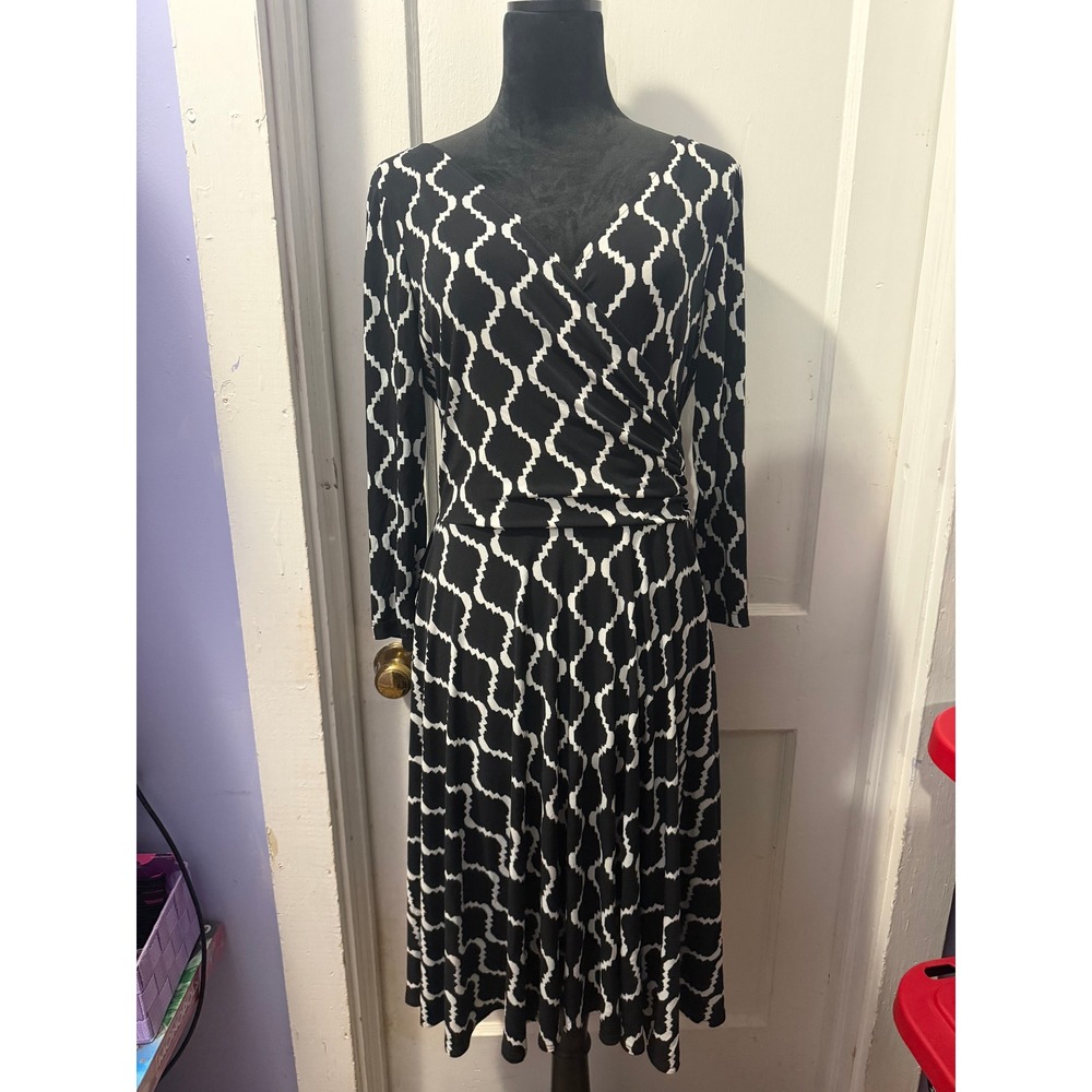 Maggy London Black White Geometric V Neck Long Sleeve Faux Wrap Midi Dress 8